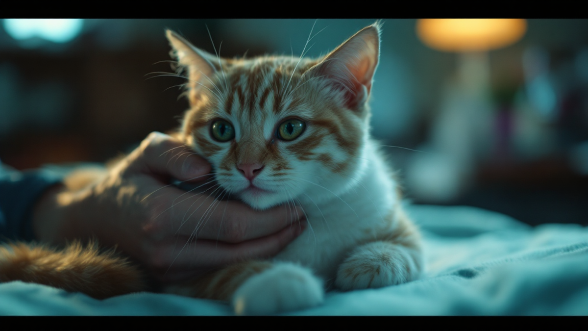 A veterinarian listens to a calm cat's chest with a stethoscope during a check-up