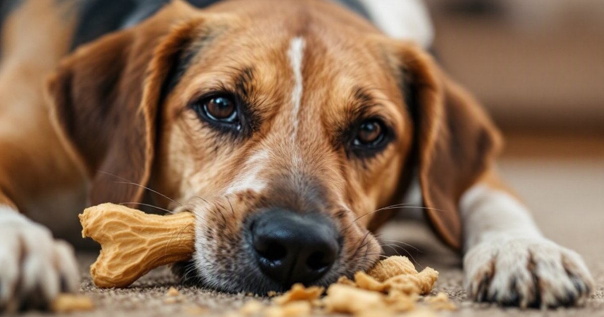 Dog happily chewing on a safe chew toy, showing natural chewing behavior as a welfare need