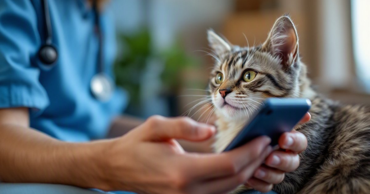 Cat owner on a video call during a tele-advice session while a cat rests nearby, representing feline telehealth home care
