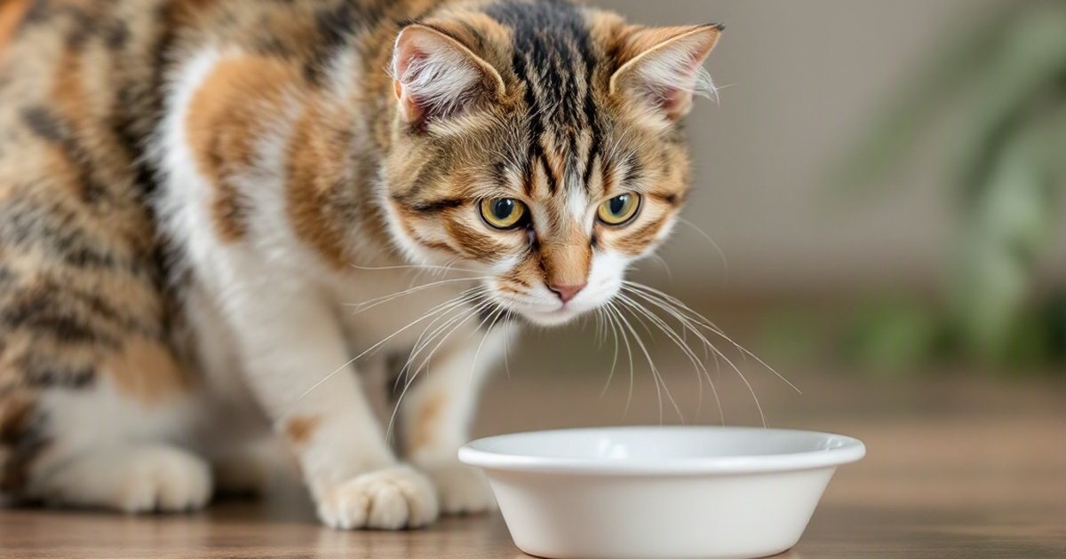 Calico cat standing and looking toward a white bowl