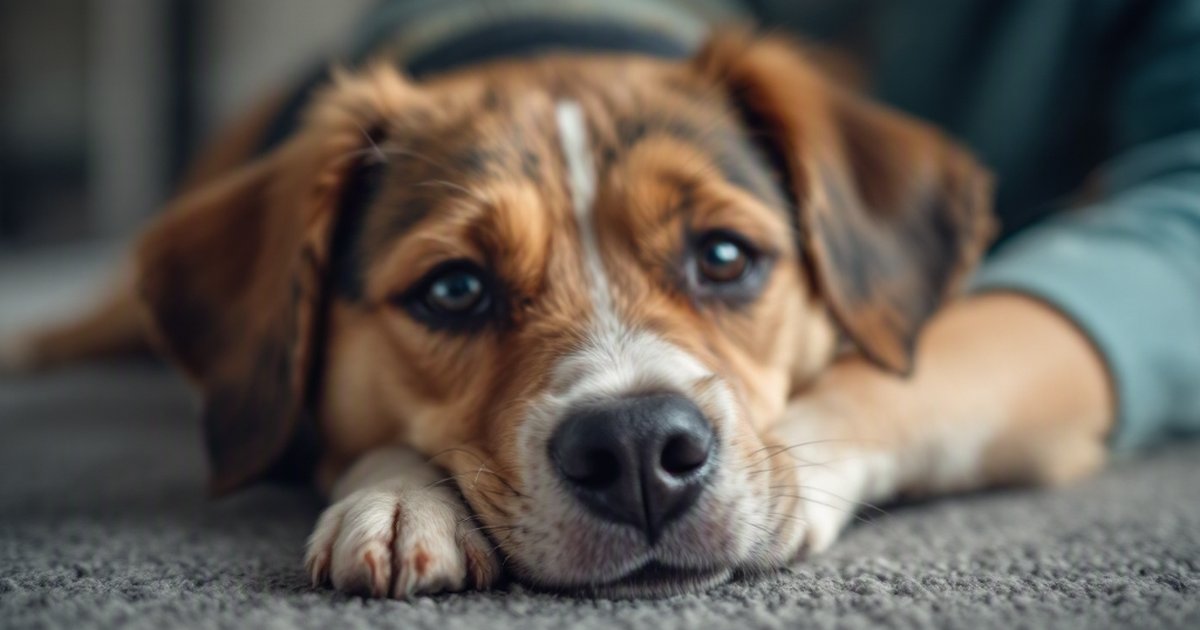 Pet owner scrolling health tips on a smartphone while their dog sits nearby, representing digital pet health information