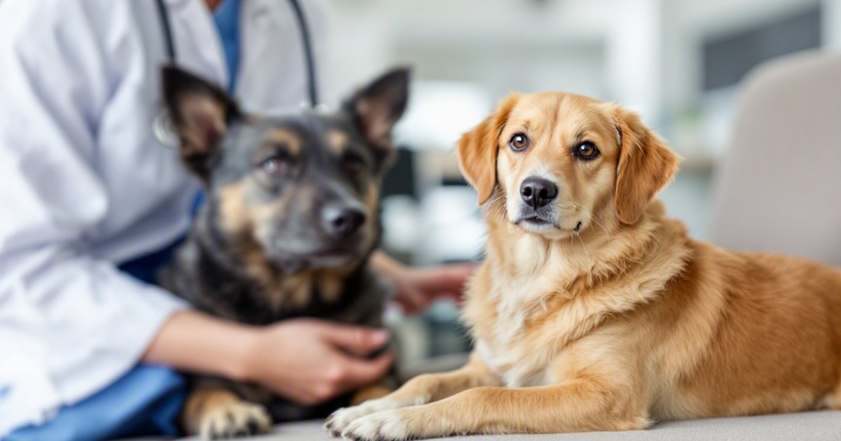 A calm dog resting in a veterinary clinic, surrounded by staff