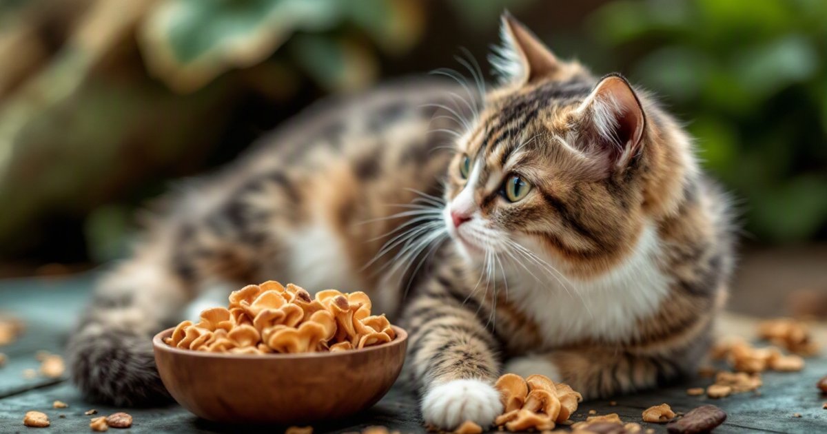 Curious cat sitting beside a mushroom, representing fermented mushroom supplement research for feline gut health