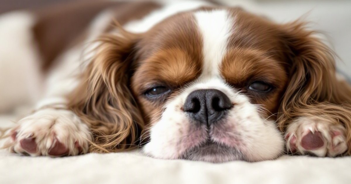 Cavalier King Charles Spaniel resting restlessly, illustrating sleep disturbance linked to Chiari-like disease