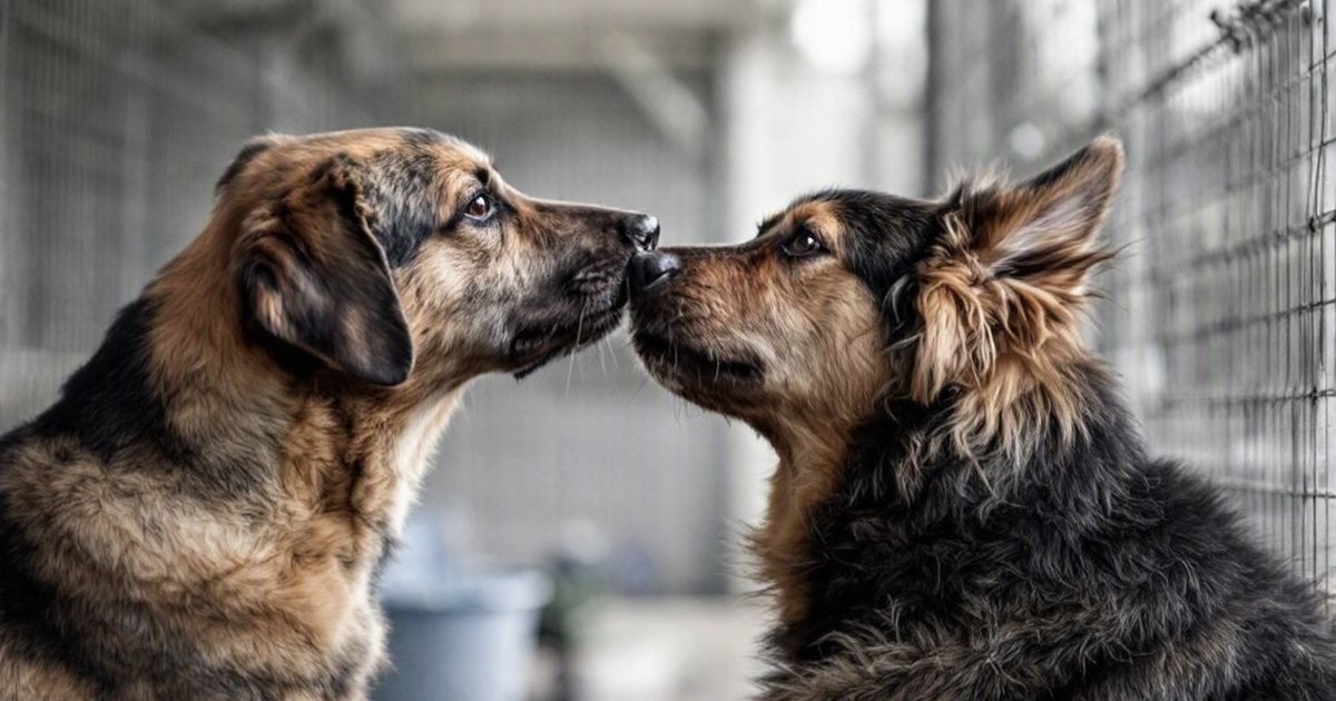 Two shelter dogs touching noses beside kennel fencing