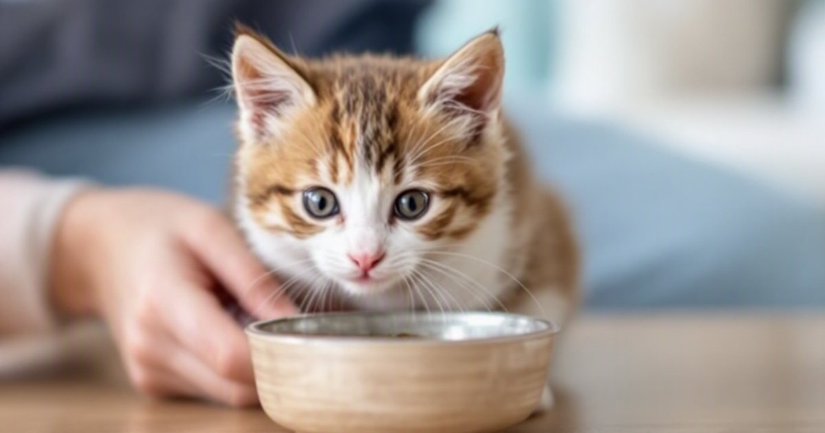 Young kitten eating from a food bowl, illustrating kitten nutrition and mushroom supplement research