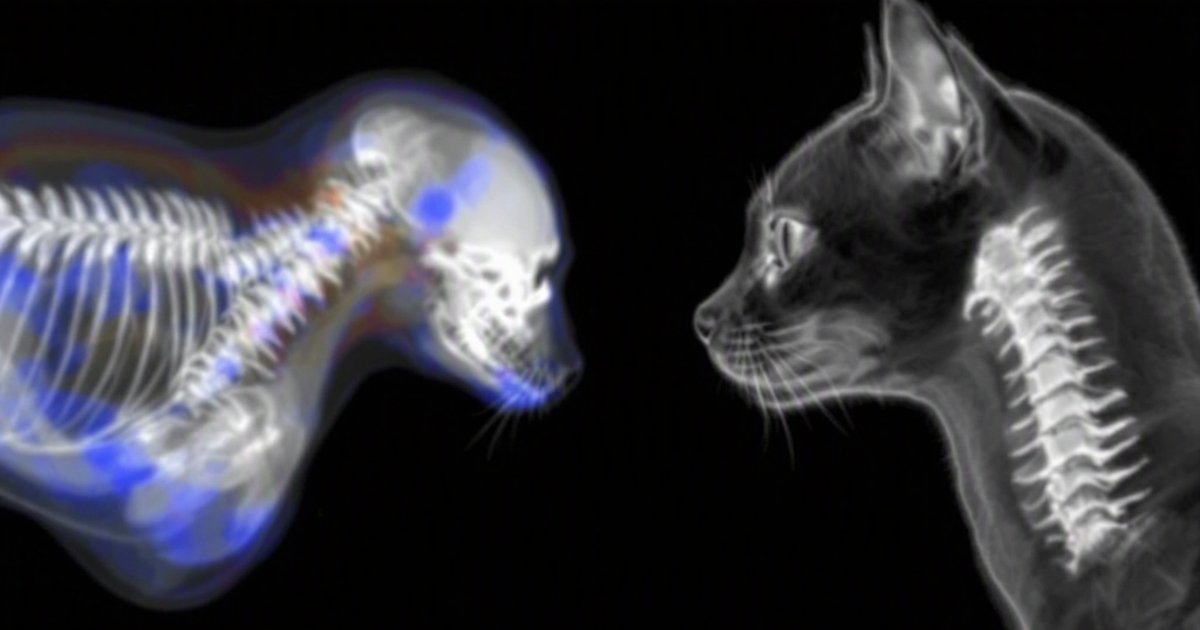 X-ray view of a small dog neck vertebra beside a cat vertebra, illustrating upper cervical bone structure differences