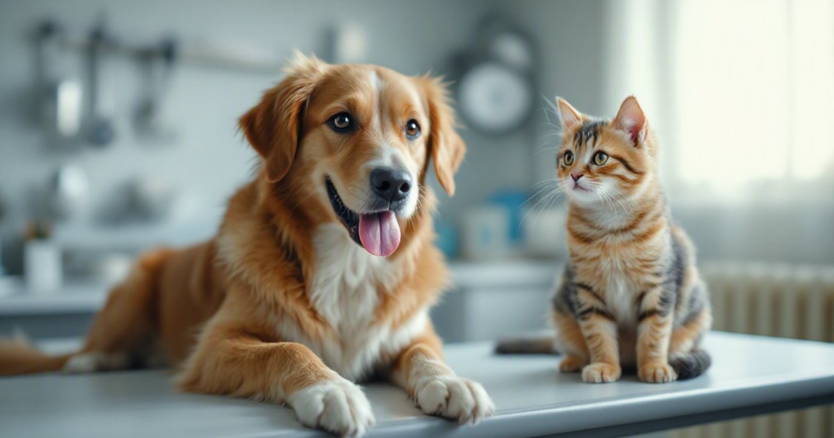 Alert dog and cat posed on a counter in a bright clinic-like indoor setting