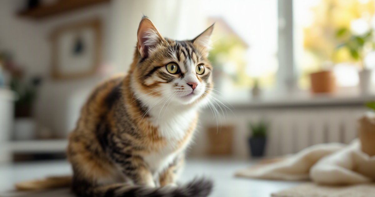 A tabby and calico patterned cat sitting alone on the floor of a bright, home-like room beside a sunny window